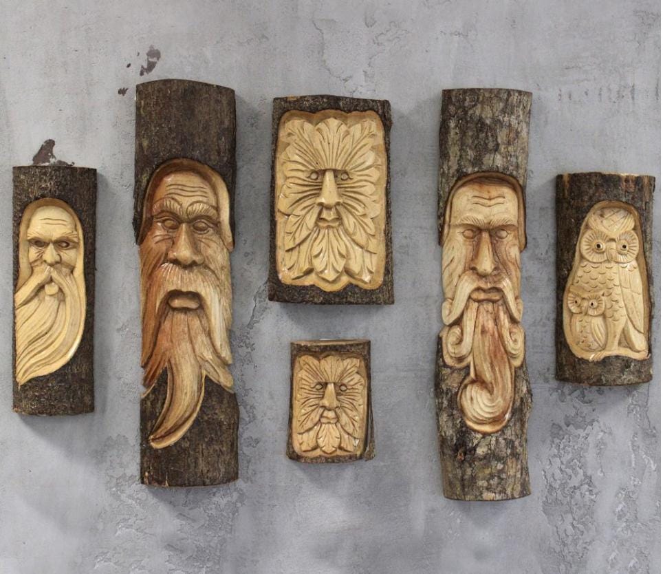 Handcarved Tree Trunk Sculpture: Greenman, Owl, or Wise Old Man