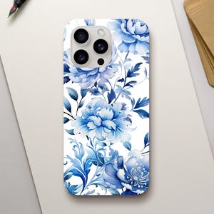 Chinoiserie Floral iPhone Tough Case Blue Flower Design Durable Phone Cover 16 Pro Plus 15 14 13 12 11 8 SE XR Birthday Gift for Her