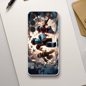May include: A phone case with a white background and a colourful image of four figures in a video game. The figures are running and jumping through a broken wall. The case has a camera lens cutout in the top left corner.