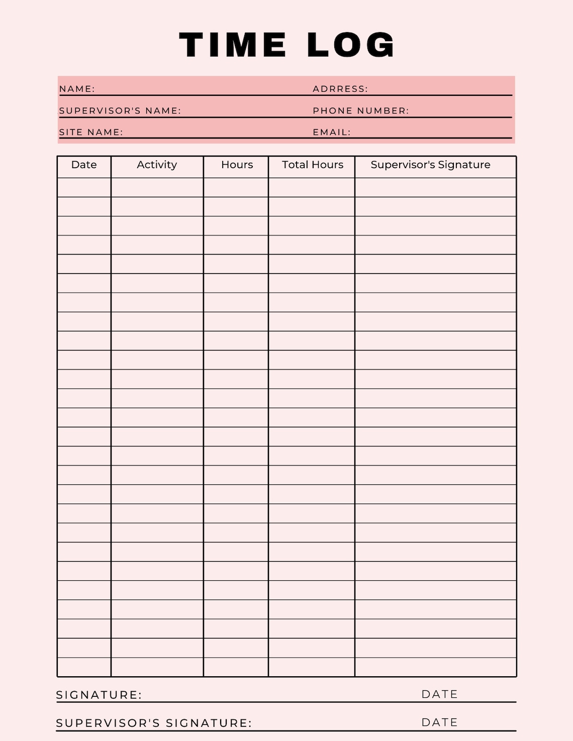 PRINTABLE Multicolor Time Log Hour Tracker Journal Template Hours ...