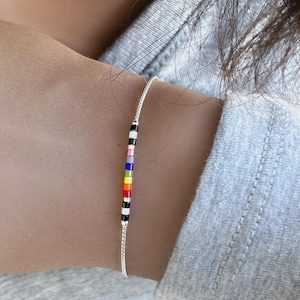Pride Bracelet, Sterling Silver Rainbow Bracelet, Dainty Colorful Beaded Bracelet, Silver Chain Bracelet with Beads, Christmas Gift for her