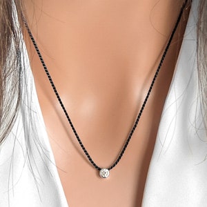 925 Silver Solitaire CZ Necklace, Silk Cord Cubic Zirconia Necklace, Black String Everyday Necklace, Round Bezel CZ Diamond Necklace Dainty.