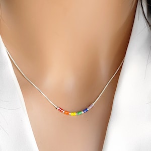 Sterling Silver Rainbow Necklace, Pride Necklace, Colorful Beads Necklace, Dainty Beaded Necklace, Minimalist Necklace with Tiny Beads.