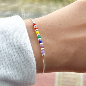 Sterling Silver Pride Bracelet, Dainty Rainbow Bracelet, Thin Colorful Beaded Bracelet, Silver Chain Bracelet with Beads, Partner Gifts.
