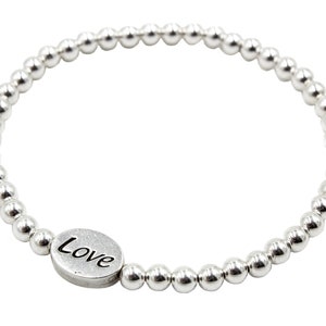 Love Bead Stretch Bracelet, 925 Sterling Silver Love Charm Bracelet, Love Bracelet, Friendship Bracelet, Silver Beaded Bracelet, Stacking
