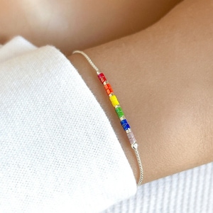 Sterling Silver Rainbow Beaded Bracelet, Colorful Dainty Beaded Bracelet, Delicate Chain Bracelet with Beads, Thin Silver Bracelet, BFF Gift