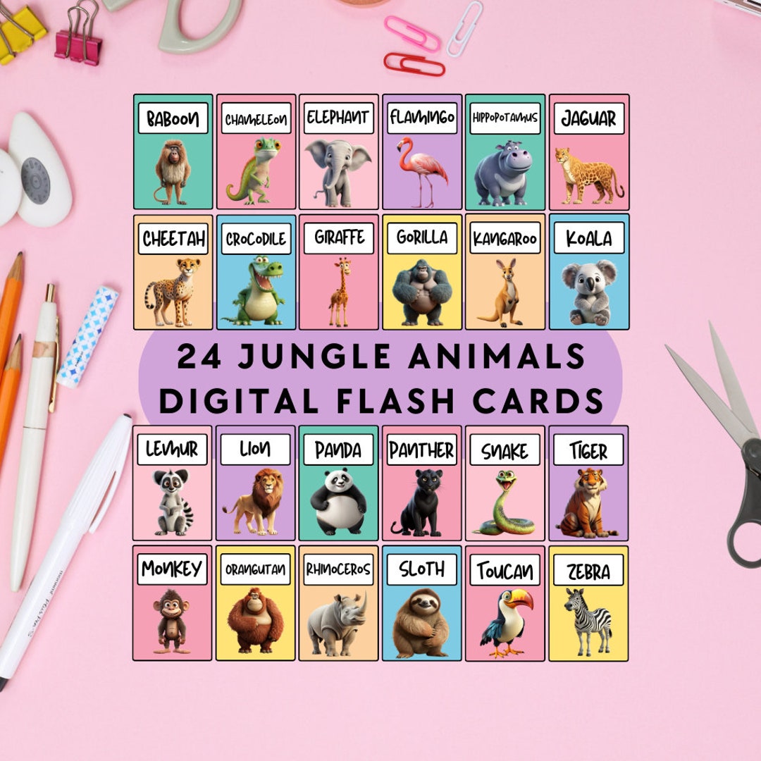 24 Jungle Animal Flash Cards Digital & Printable Learning Etsy