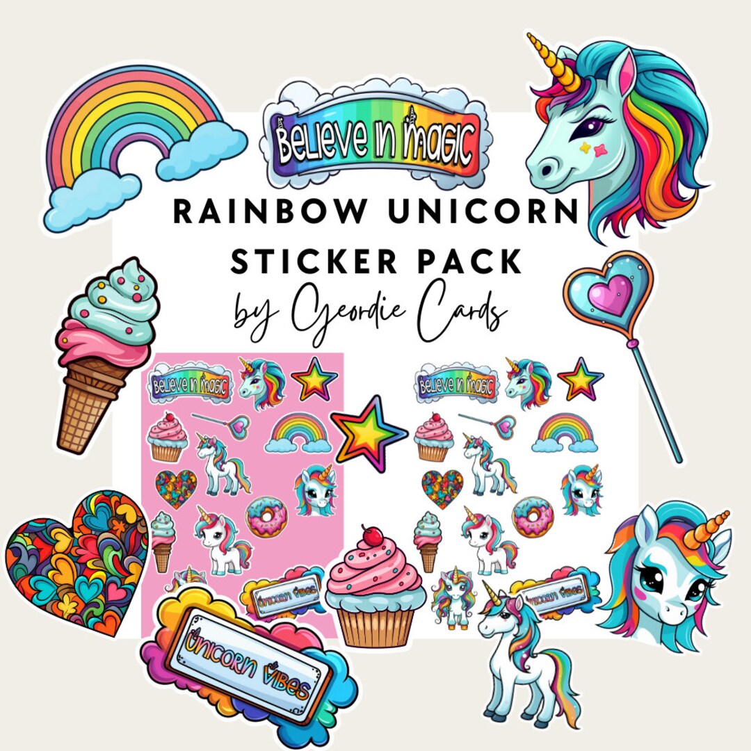 Rainbow Unicorn Sticker Pack, A4 Digital Sticker Packs Ready to Print