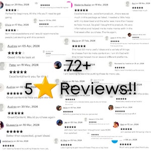 Puede incluir: Un collage de rese&ntilde;as de clientes para un producto digital. Las rese&ntilde;as son todas positivas y resaltan el valor del producto. La imagen tambi&eacute;n incluye una gran estrella y el texto "&iexcl;72+ Rese&ntilde;as!"