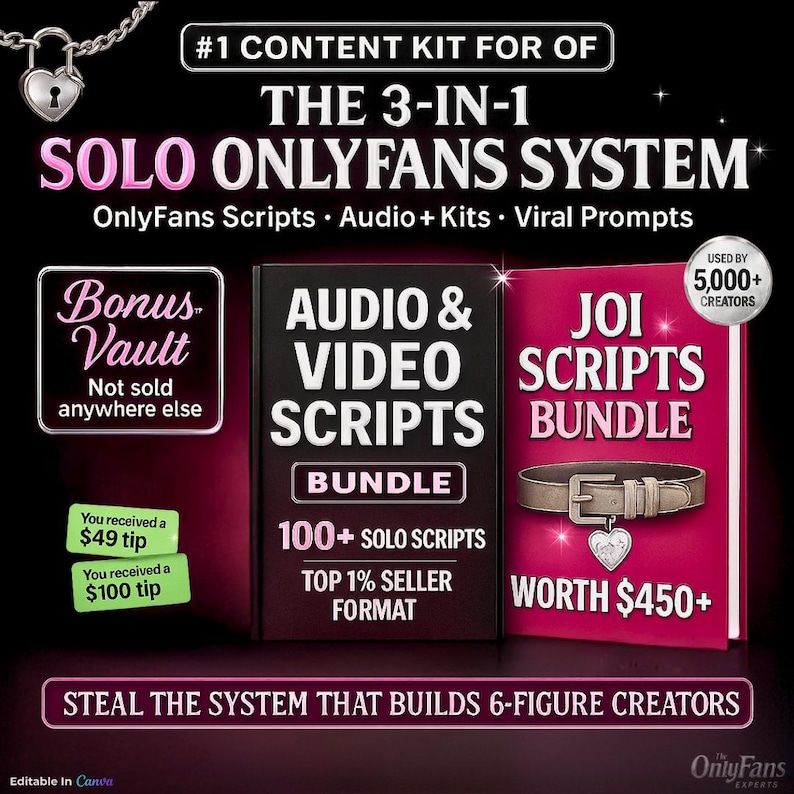 A promotional image for a content kit. The text reads "THE 3-IN-1 SOLO ONLYFANS SYSTEM" with scripts, audio, and kits. The image includes a "Bonus Vault" and two bundles: "Audio & Video Scripts" and "JOI Scripts Bundle."