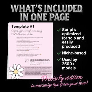 May include: A pink document titled "Template #1" with the text "Caption for a high intensity Masturbation video." The image also includes the text "Scripts optimized for solo and easily produced." A daisy graphic is also present.