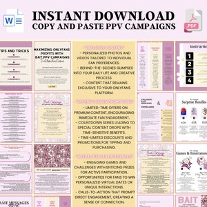 A Grid displaying a variety of Pay-Per-View (PPV) campaign and Game templates included in the OnlyFans bundle (8 pages on each side). Down the middle is a bullet form list of everything included throughout the entire bundle in labelled groups.