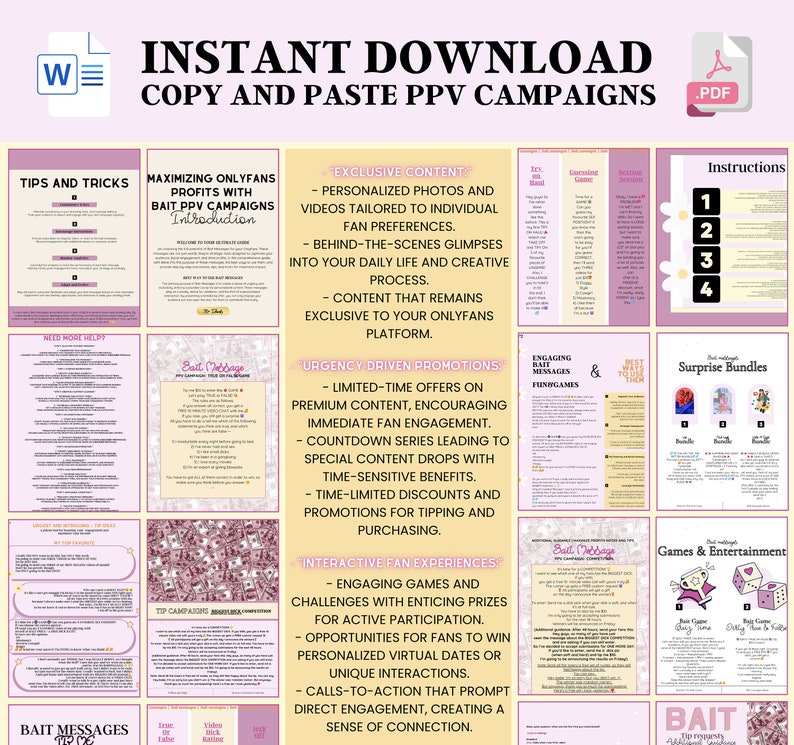 A Grid displaying a variety of Pay-Per-View (PPV) campaign and Game templates included in the OnlyFans bundle (8 pages on each side). Down the middle is a bullet form list of everything included throughout the entire bundle in labelled groups.