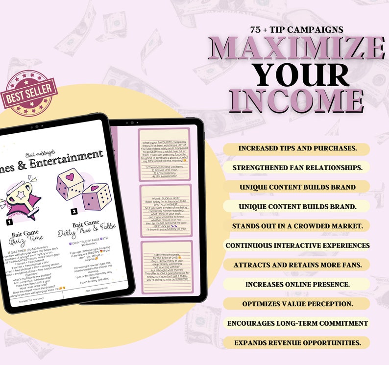 "Luxury-styled digital product cover for 'OnlyFans Games & Campaigns.' Features bold typography with a sleek purple and gold design. Includes icons for instant download, strategy guides, and interactive OnlyFans templates.