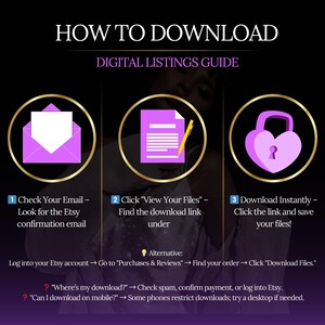May include: A three-step guide on how to download digital listings on Etsy. The guide features three icons: an envelope, a document with a pencil, and a padlock with a heart. The text includes instructions on how to check your email, view your files, and download instantly.