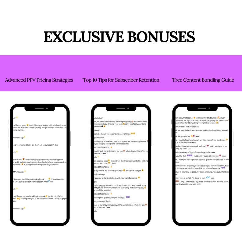 6. Exclusive Bonuses in the OnlyFans Messaging Bundle: A display of bonus features included in the sexting script kit, such as advanced PPV strategies and templates for subscriber retention.