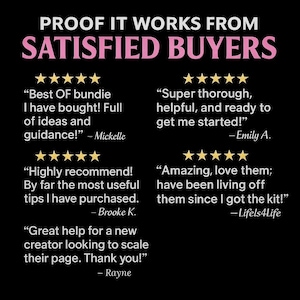May include: A black background with white and pink text that reads "PROOF IT WORKS FROM SATISFIED BUYERS." Customer testimonials with 5-star ratings are displayed, praising the product's helpfulness and value.