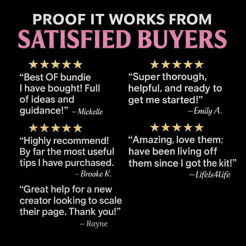 May include: A black background with white and pink text that reads "PROOF IT WORKS FROM SATISFIED BUYERS." Customer testimonials with 5-star ratings are displayed, praising the product's helpfulness and value.