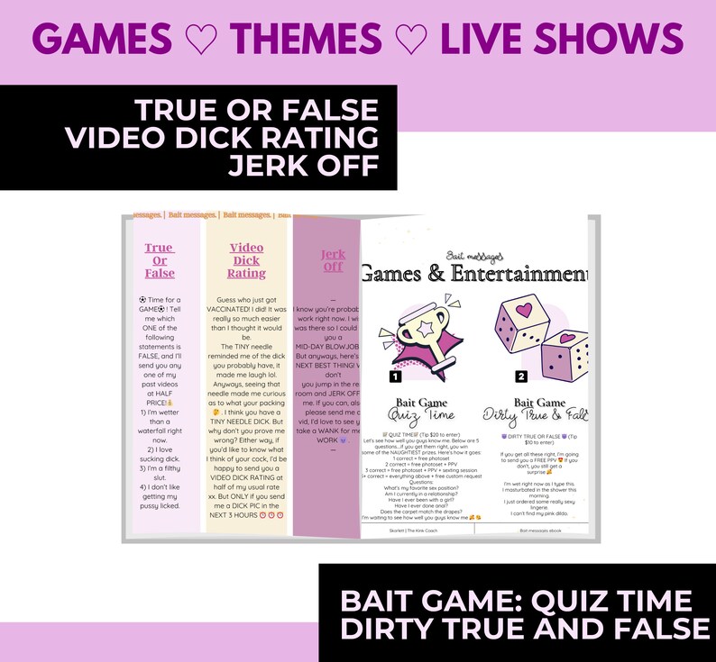 A open book mockup with 2 pages pulled from the bundle. On the left is a neat 3 column design containing 3 different bait message previews. On the right is a 2 column layout previewing 2 tipping games ideas.