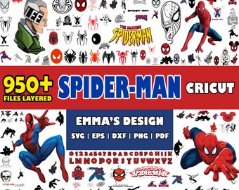 May include: A digital download of 950+ layered SVG, EPS, DXF, PNG, and PDF files featuring Spider-Man designs. The designs include various images of Spider-Man, his web, and other related characters. The text "Emma's Design" is also included in the image.