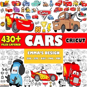 May include: A collection of cartoon car illustrations, including Lightning McQueen and Mater, with the text "Cars" and "430+ FILES LAYERED". The design also includes the text "EMMA'S DESIGN" and file type information.