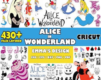 Peut inclure: Un téléchargement numérique de plus de 430 fichiers SVG, EPS, DXF, PNG et PDF superposés mettant en scène des personnages et des éléments d'Alice au pays des merveilles. Le design comprend Alice, la Reine de Cœur, le Chat du Cheshire et d'autres personnages emblématiques. Le texte "Alice au pays des merveilles" est présenté dans une grande police de caractères audacieuse.