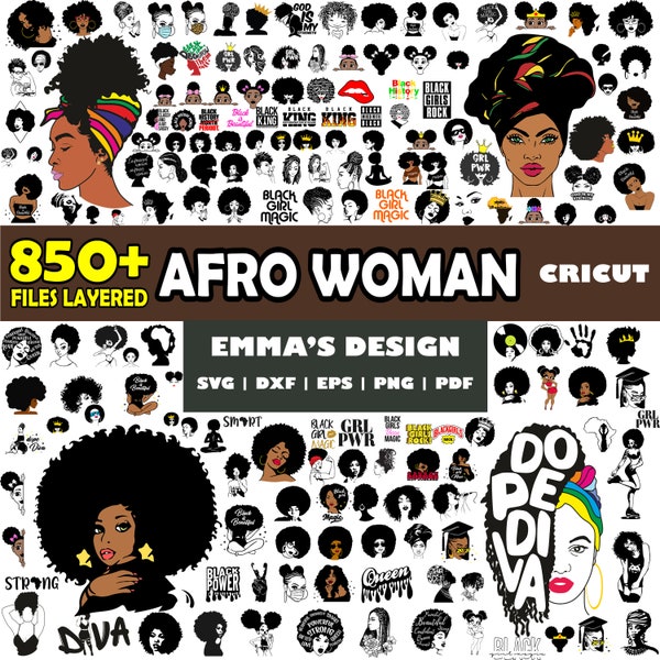 850 Files Afro Woman Svg Bundle, Layered Design, Vector Files, SVG for cricut, PNG, DXF, Svg, Eps