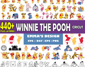 May include: A set of 440+ Winnie the Pooh SVG, DXF, EPS, and PNG files for Cricut. The files are layered and include a variety of images of Winnie the Pooh, Piglet, Tigger, Eeyore, and other characters from the Winnie the Pooh franchise.
