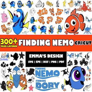 Può includere: Un download digitale di oltre 300 file sovrapposti SVG, EPS, DXF, PNG e PDF con personaggi di Alla ricerca di Nemo e Alla ricerca di Dory. L'immagine mostra una varietà di personaggi del film, tra cui Dory, Nemo, Marlin e Crush. Il testo "300+ FINDING NEMO CRICUT FILES LAYERED" è visualizzato nella parte superiore dell'immagine. Il testo "EMMA'S DESIGN SVG | EPS | DXF | PNG | PDF" è visualizzato nella parte centrale dell'immagine. Il testo "FINDING NEMO" e "FINDING DORY" è visualizzato nella parte inferiore dell'immagine.