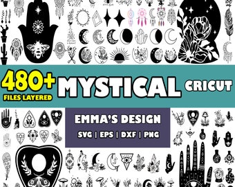 May include: A digital download of 480+ mystical themed SVG, EPS, DXF, and PNG files for use with Cricut design software. The images include a variety of designs, such as moons, stars, crystals, hands, eyes, and more. The text "480+ MYSTICAL CRICUT FILES LAYERED" is displayed at the top of the image. The text "EMMA'S DESIGN SVG | EPS | DXF | PNG" is displayed in the center of the image.