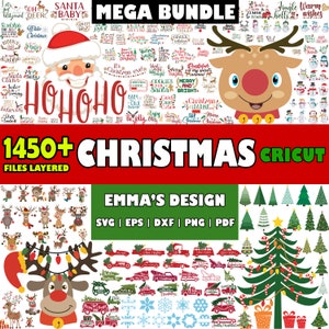 May include: A digital download of 1450+ layered Christmas SVG, EPS, DXF, PNG, and PDF files for Cricut. The image shows a variety of Christmas designs, including Santa Claus, reindeer, Christmas trees, and snowflakes. The text "MEGA BUNDLE" and "EMMA'S DESIGN" are also visible.