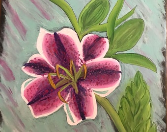 Stargazer Lily on Turquoise hand painted wrapped canvas