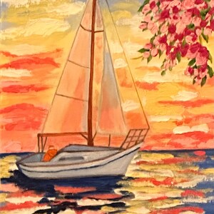 My Joy - Sailing at Sunset - is a unique Hand Painted, Impasto  Acrylic on 14x11” canvas board in brilliant colors
