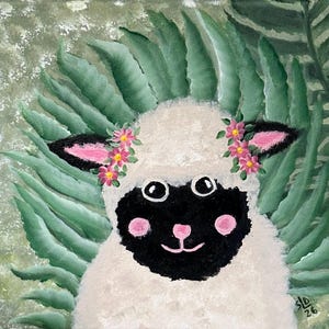 May include: A square painting of a sheep with a black face and white wool. The sheep has pink accents and a floral crown. The background features green leaves and a light green and white mottled effect.