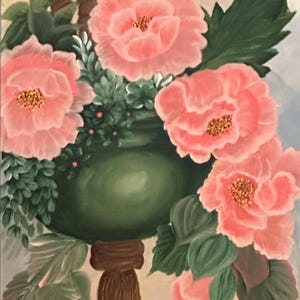 May include: A painting of a green pot with pink flowers hanging from a rope. The pot is surrounded by green leaves.
