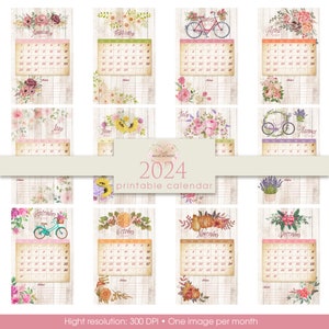 Könnte beinhalten: Ein druckbarer Kalender für 2024 mit floralen und naturbezogenen Designs für jeden Monat. Jeder Monat zeigt eine andere Blumenarrangements, ein Fahrrad oder andere von der Natur inspirierte Elemente. Der Kalender ist im rustikalen Vintage-Stil gestaltet.