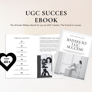 Op de afbeelding: Een zwart-wit afbeelding van een e-book cover met de titel "30 dagen naar UGC-succes: Uw ultieme gids". De cover toont een vrouw die op een vensterbank zit met uitzicht op de stad op de achtergrond. Het e-book is voor UGC-makers en bevat meer dan 40 pagina's inhoud.