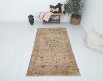 Vintage Oushak Wool Rug: 3x7 Neutral Turkish Anatolian Rug