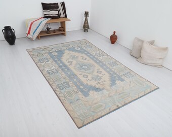 Vintage Turkish Oushak Rug 5x7: Wool Anatolian Rug, Neutral Bohemian Decor