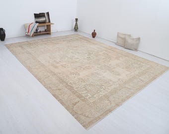 Tapete turco vintage Oushak 10x12: Tapete boho feito à mão em lã e algodão.