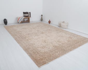 Handgemaakt Oushak-wollen vloerkleed: 13,4 x 9,5 ft: vintage Turks-Anatolisch oversized vloerkleed