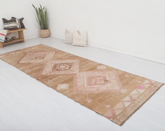 Vintage Oushak Wool Runner Rug: 4x12 Turkish Hallway Rug