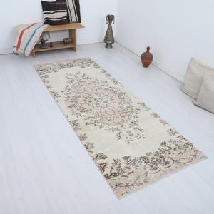 Vintage Oushak Runner Rug 3x8: Wool & Cotton Hallway Carpet