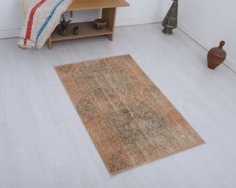 Handmade Wool Oushak Rug: Small Turkish Vintage Rug 3.9 x 2.6 ft