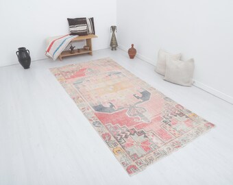 4x9 Handknotted Wool Anatolian Rug: Distressed Vintage Turkish Oushak