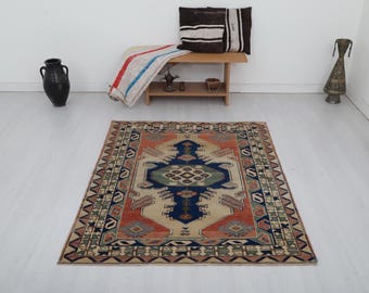 Handmade Wool Turkish Rug 4x5: Vintage Anatolian Design