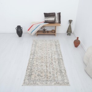 Vintage Oushak Runner Rug: 3x6 Turkish Wool Handmade Rug