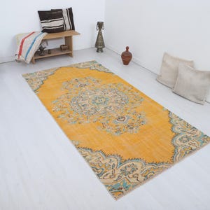4x8 Vintage Turkish Oushak Rug: Muted Colors Wool Anatolian Carpet