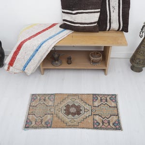Vintage Turkish Oushak Door Mat Rug: 1x3 Handmade Wool Cotton Mini Rug