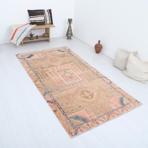 Handmade Wool Turkish Rug 4x8: Vintage Bohemian Oushak Carpet